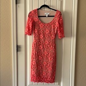 Badgley Mischka Coral Sheath Midi Dress Scoop Neck